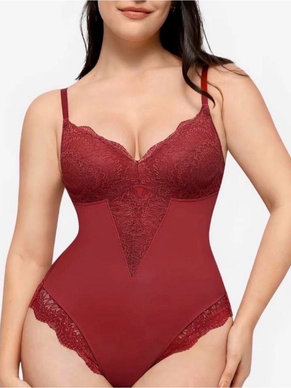 Feelingirl Lace-Trim Red Bodysuit Shapewear Size M